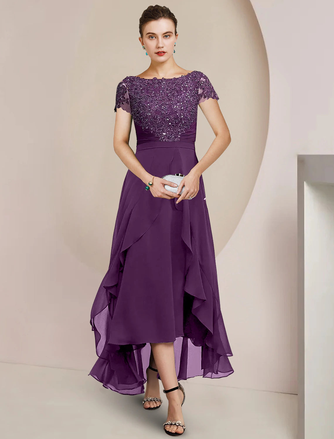 A-Line Mother of the Bride Dress Formal Wedding Guest Party Elegant Scoop Neck Asymmetrical Tea Length Chiffon Lace Short Sleeve with Beading Sequin Appliques 2023