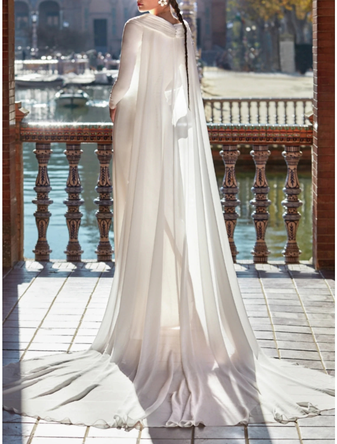 Formal Wedding Dresses Sheath / Column V Neck Long Sleeve Court Train Satin Bridal Gowns With Solid Color
