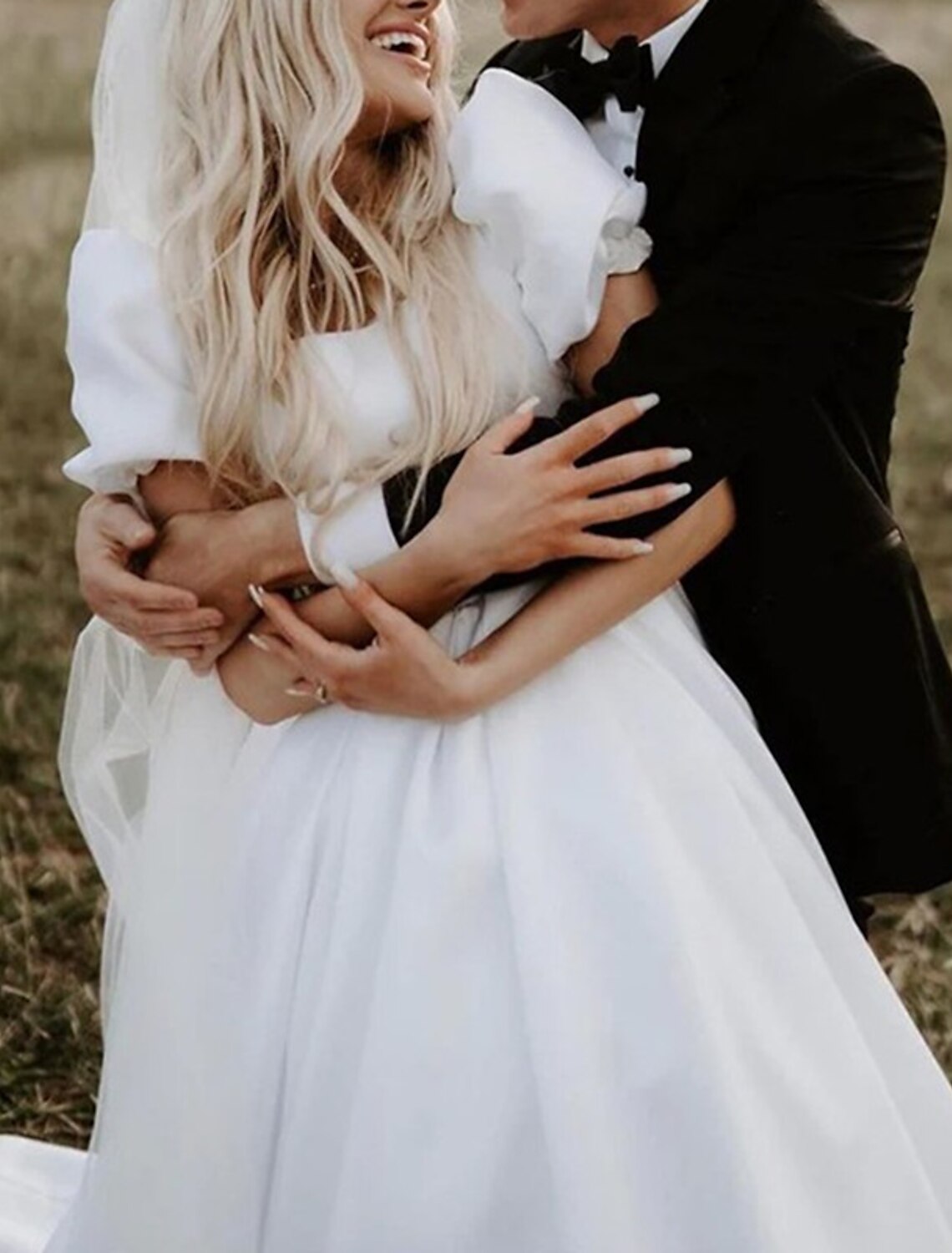 Formal Fall Wedding Dresses Ball Gown Square Neck Short Sleeve Chapel Train Satin Bridal Gowns With Solid Color Summer Wedding Party, Women‘s Clothing