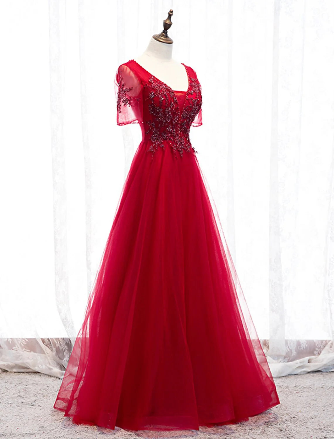 DingjiA-Line Prom Dresses Luxurious Dress Wedding Guest Formal Evening Floor Length Short Sleeve Spaghetti Strap Tulle with Beading Appliques