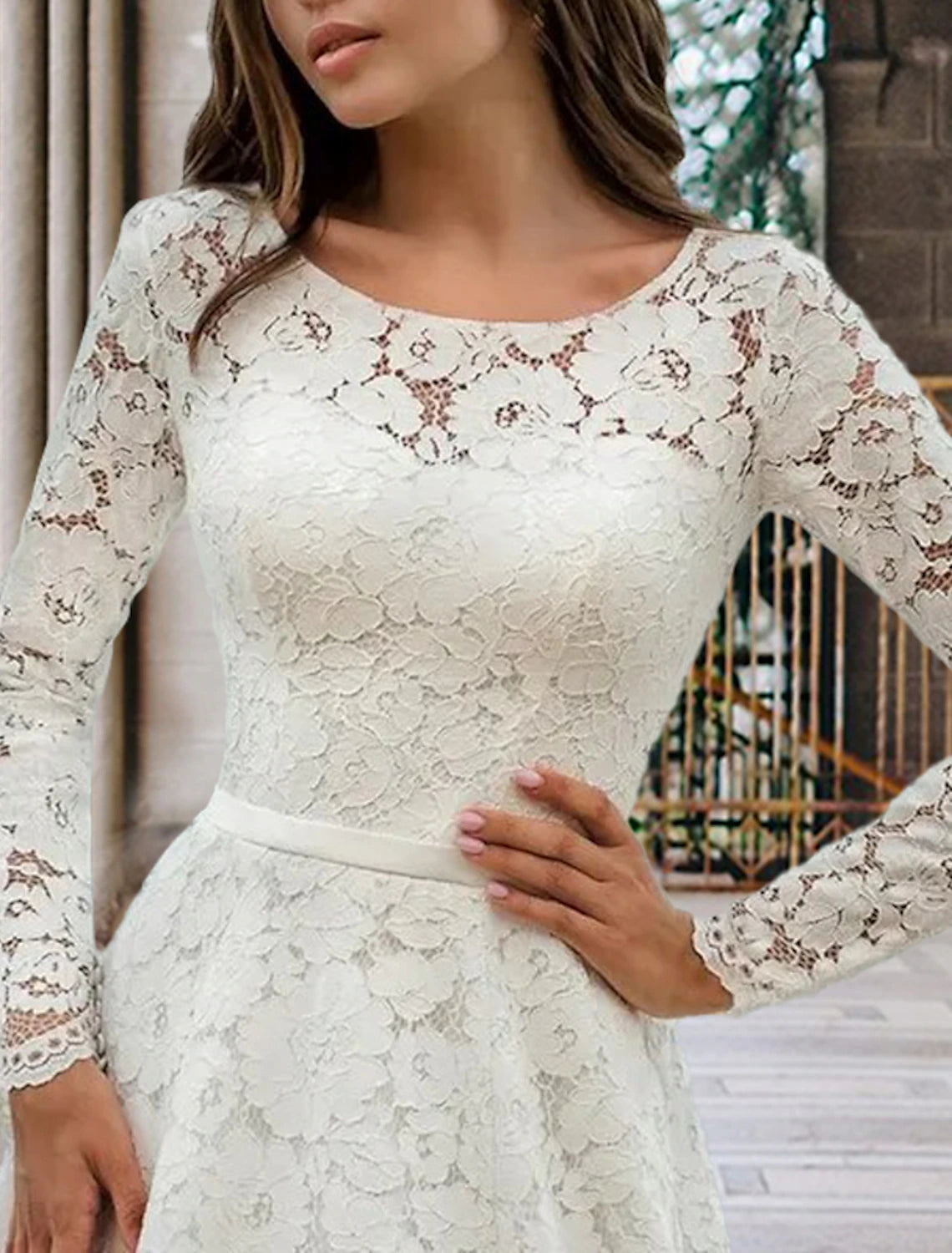 Engagement Formal Fall Wedding Dresses A-Line Illusion Neck Long Sleeve Court Train Lace Bridal Gowns With Sashes / Ribbons Pleats Summer Wedding Party, Women‘s Clothing