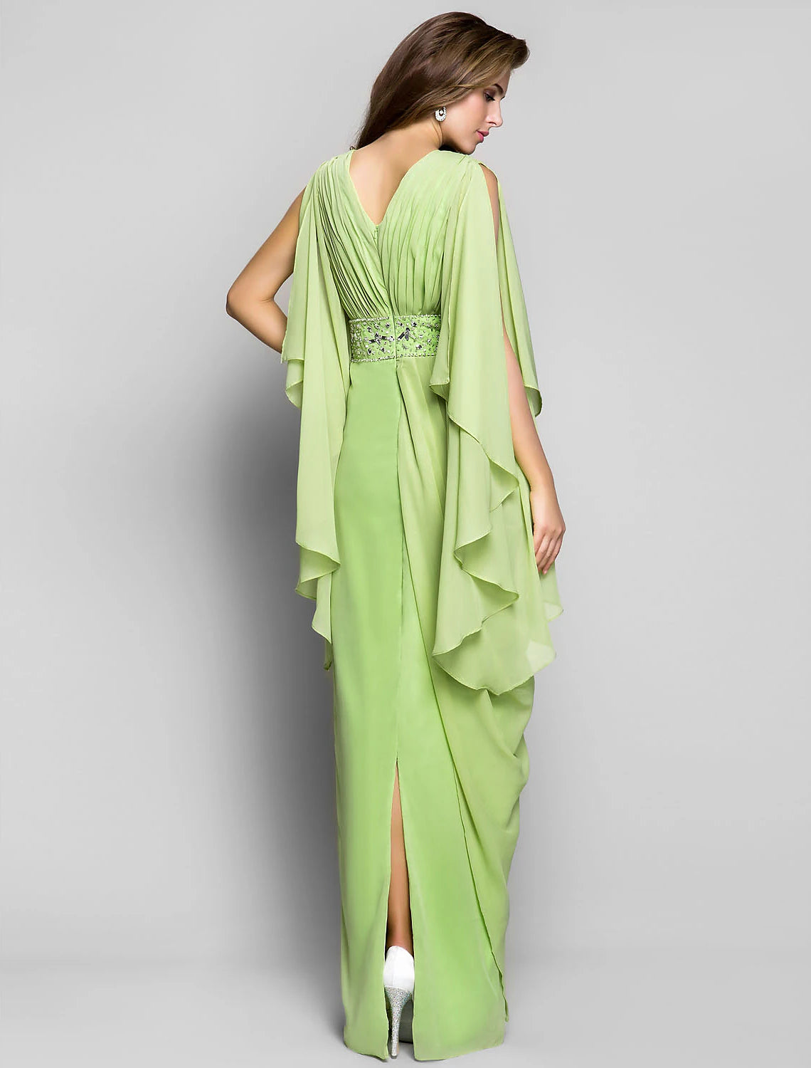 Sheath / Column Elegant Dress Wedding Guest Formal Evening Floor Length Long Sleeve V Neck Chiffon V Back with Crystals Side Draping