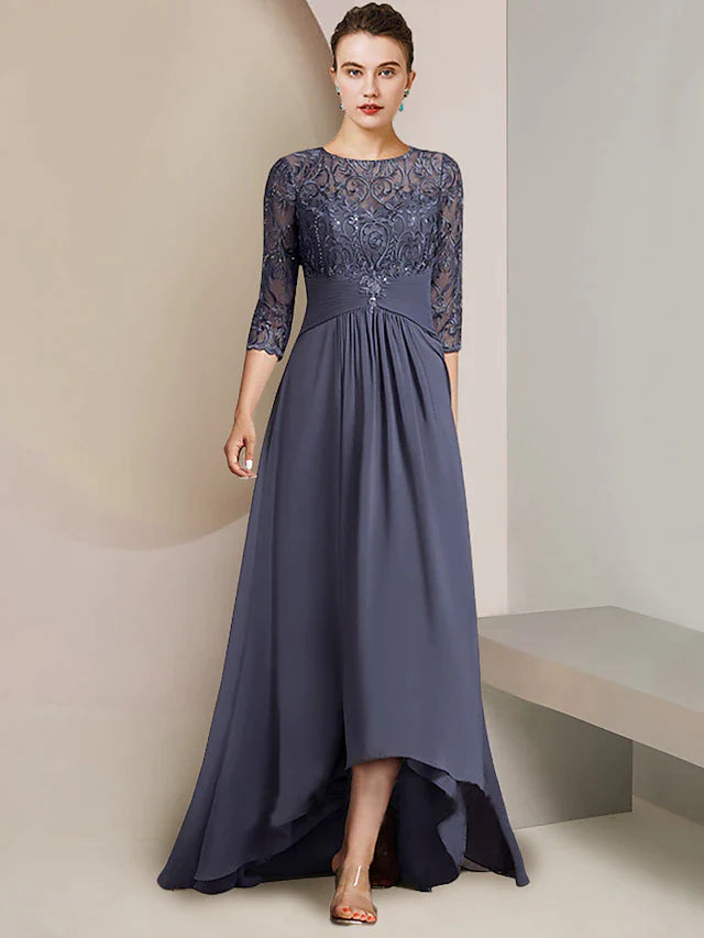 DingjiA-Line Mother of the Bride Dress Formal Elegant High Low Scoop Neck Asymmetrical Tea Length Chiffon Lace 3/4 Length Sleeve with Ruched Appliques