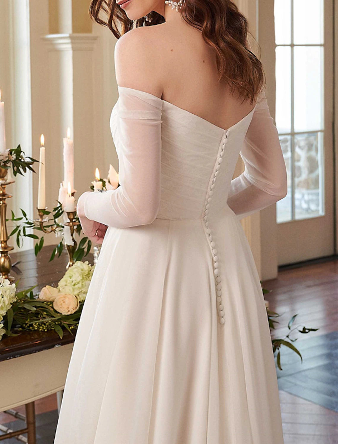 Beach Casual Wedding Dresses A-Line Off Shoulder Long Sleeve Court Train Chiffon Bridal Gowns With Solid Color