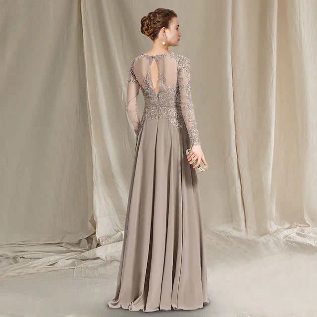 A-Line Mother of the Bride Dress Luxurious Elegant Jewel Neck Floor Length Chiffon Lace Long Sleeve with Pleats Appliques