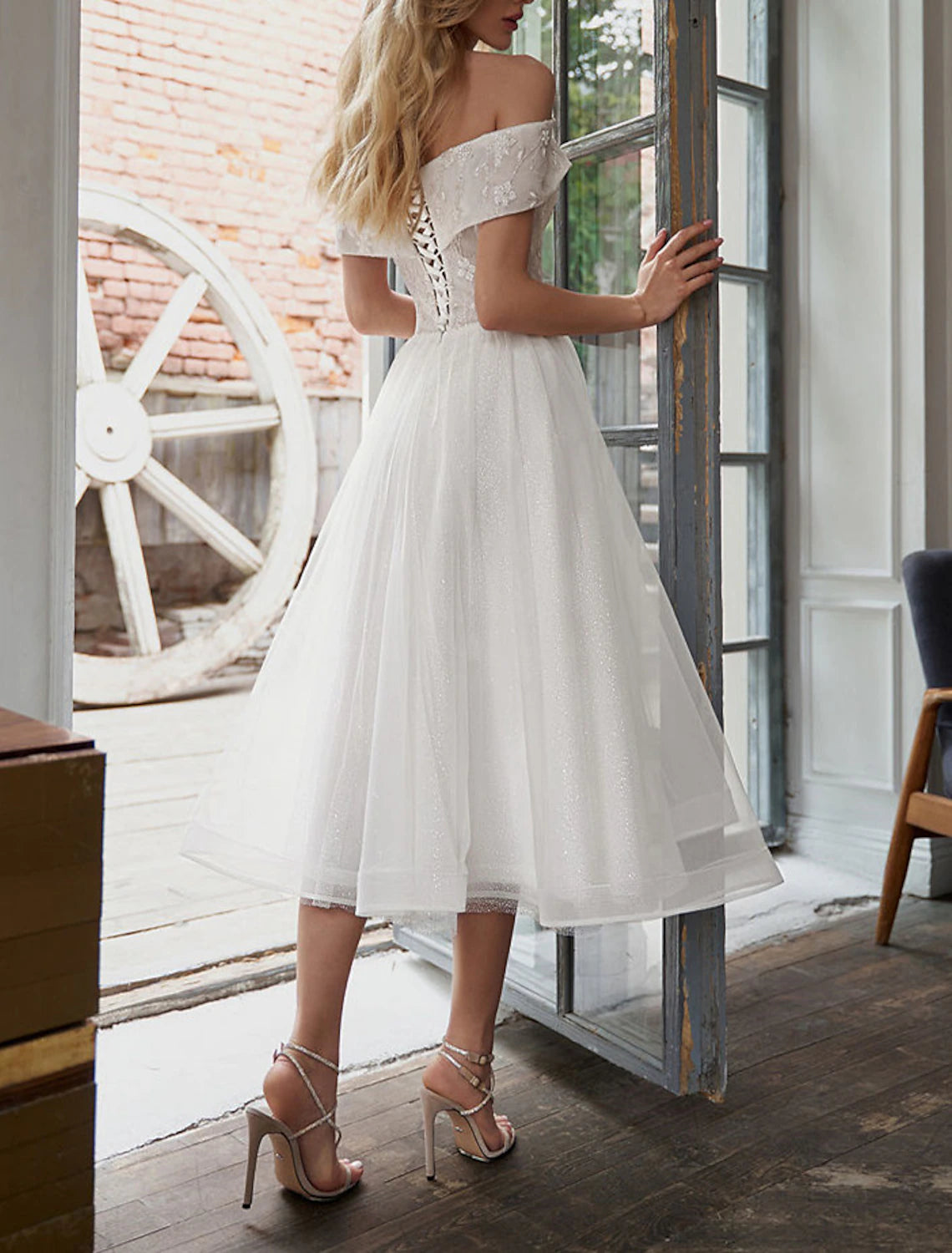 Bridal Shower Little White Dresses Wedding Dresses A-Line Off Shoulder Cap Sleeve Tea Length Lace Bridal Gowns With Appliques Solid Color