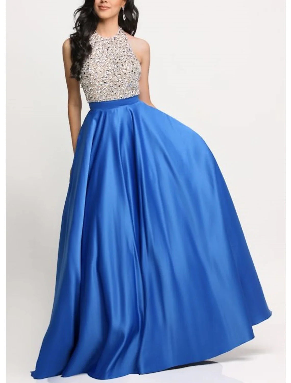 DingjiA-Line Evening Gown Elegant Dress Formal Floor Length Sleeveless Halter Neck Satin with Glitter