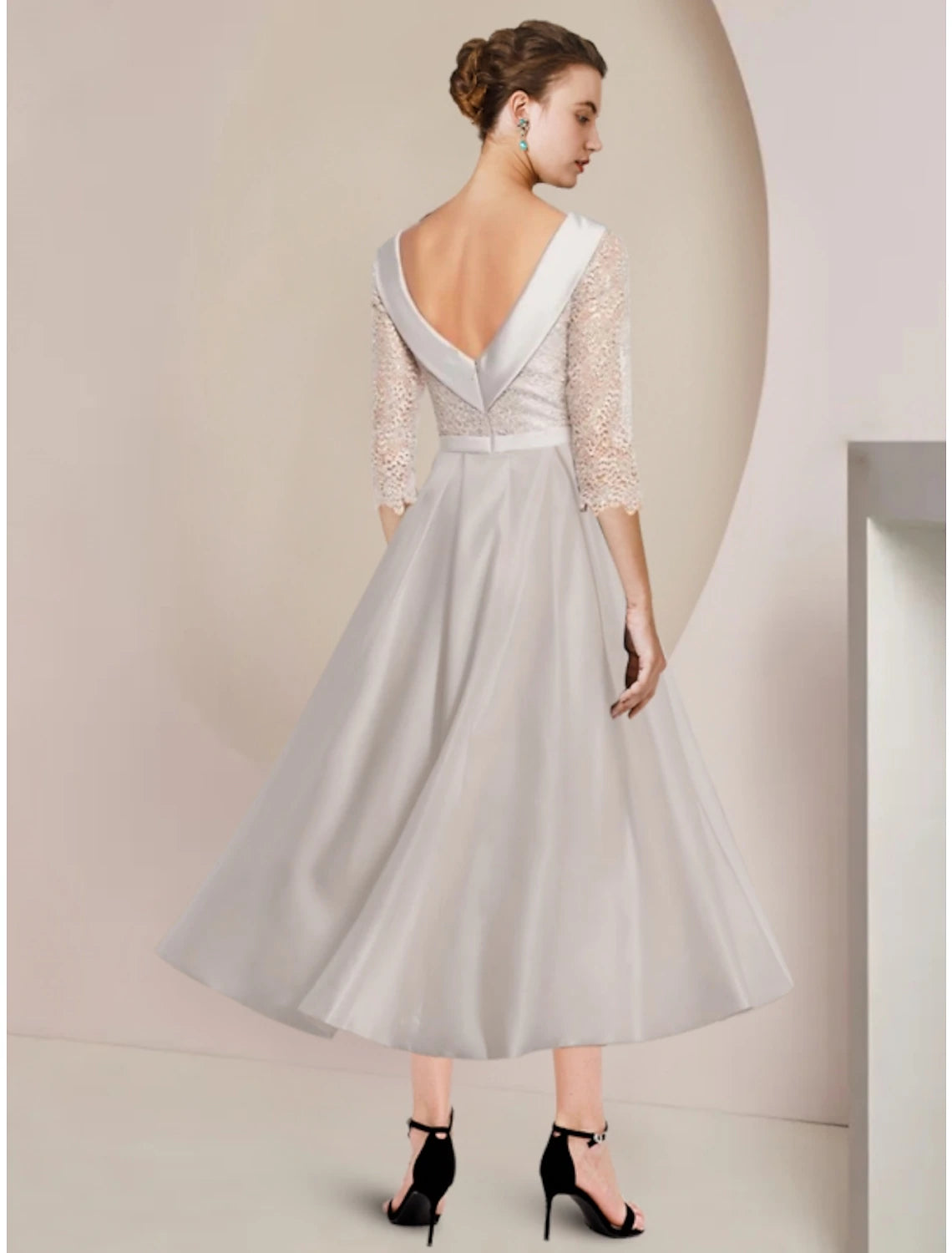Sheath / Column Mother of the Bride Dress Wedding Guest Minimalist Elegant Scoop Neck Tea Length Satin Lace Half Sleeve with Ruching 2023