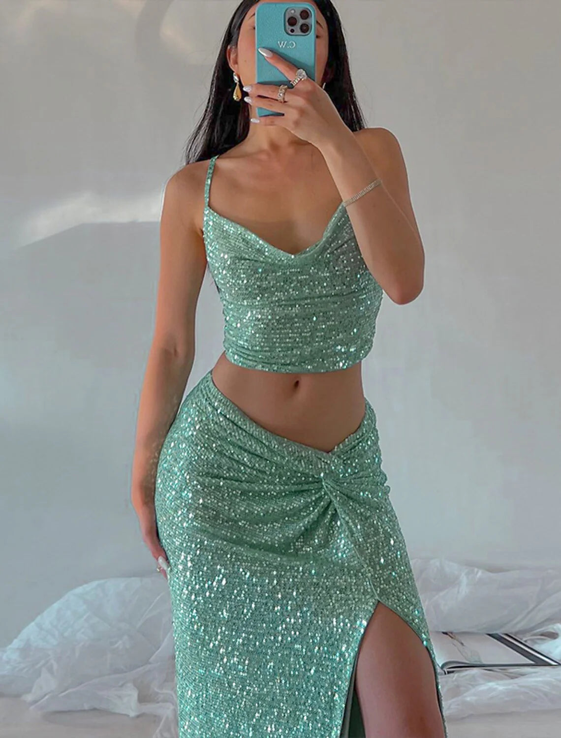 DingjiTwo Piece Party Dresses Sparkle & Shine Dress Party Wear Wedding Party Floor Length Sleeveless Spaghetti Strap Polyester with Sequin Slit