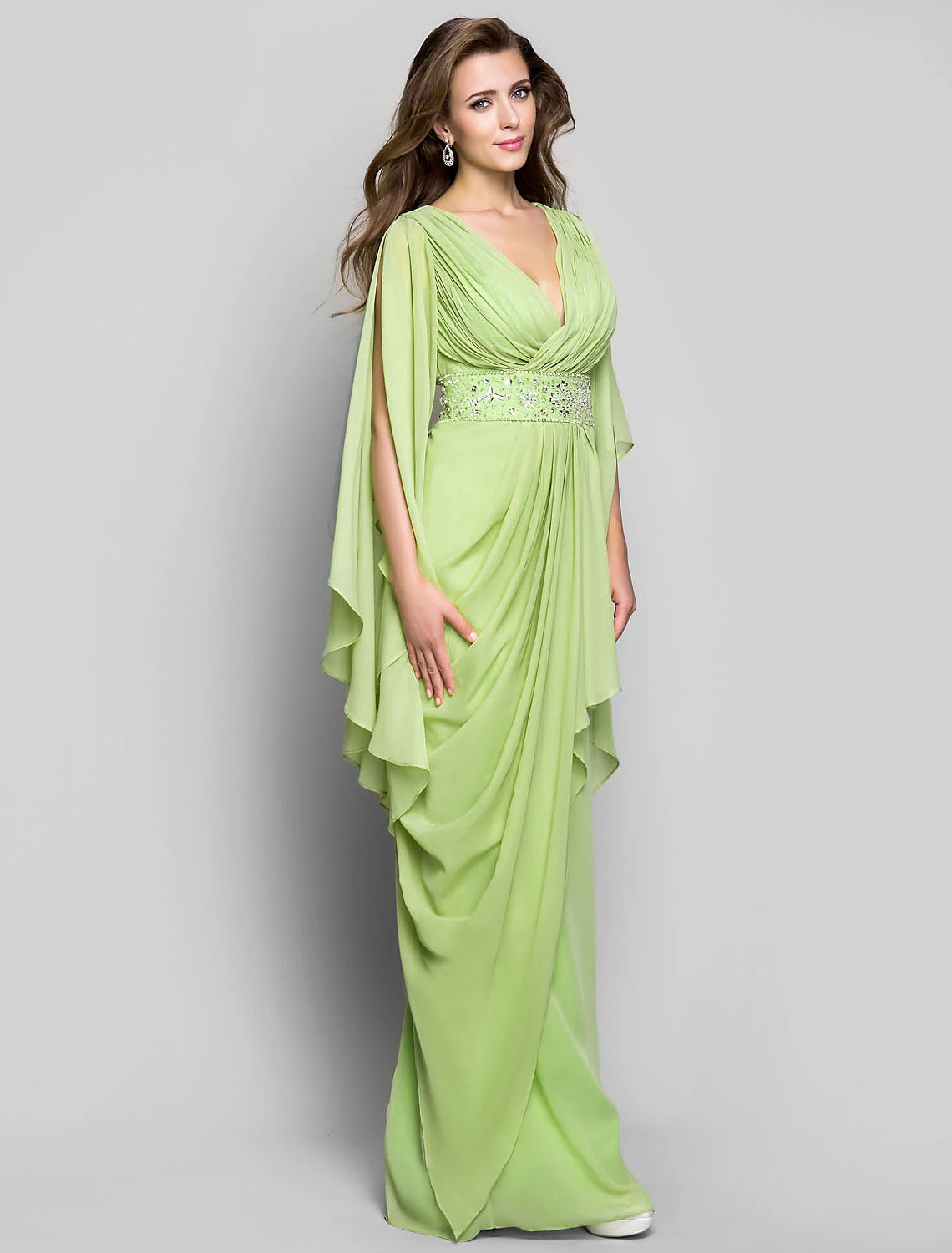 Sheath / Column Elegant Dress Wedding Guest Formal Evening Floor Length Long Sleeve V Neck Chiffon V Back with Crystals Side Draping