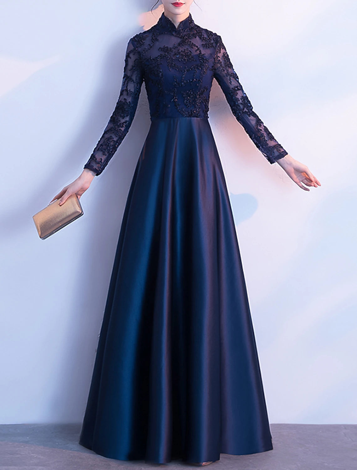 A-Line Party Dress Chinese Style Vintage Prom Formal Evening Dress Stand Collar Long Sleeve Floor Length Satin with Pleats Appliques