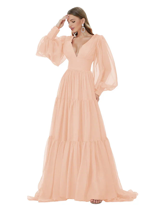 DingjiA-Line Evening Gown Sexy Dress Party Wear Sweep / Brush Train Long Sleeve V Neck Chiffon with Ruched