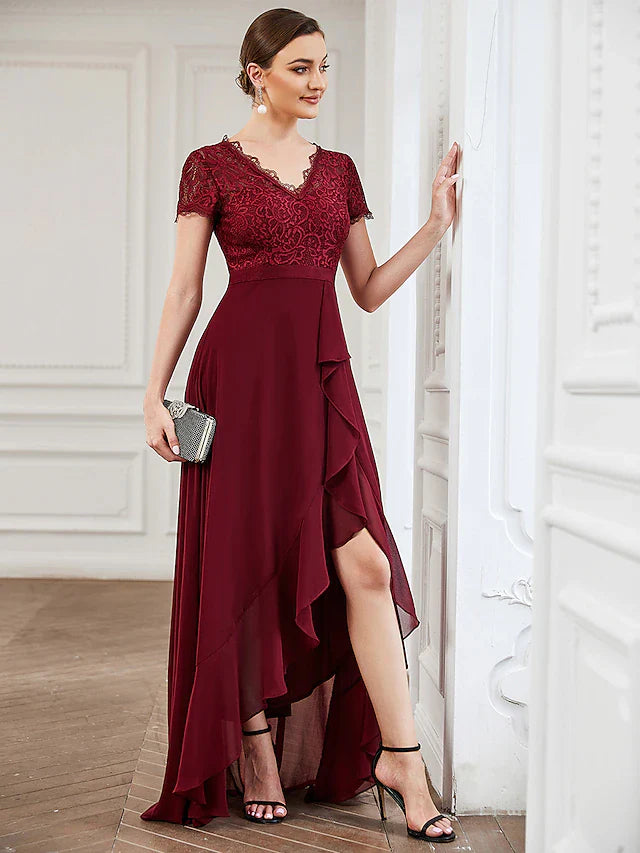 DingjiA-Line Cocktail Dresses Minimalist Dress Wedding Party Asymmetrical Short Sleeve V Neck Lace with Slit