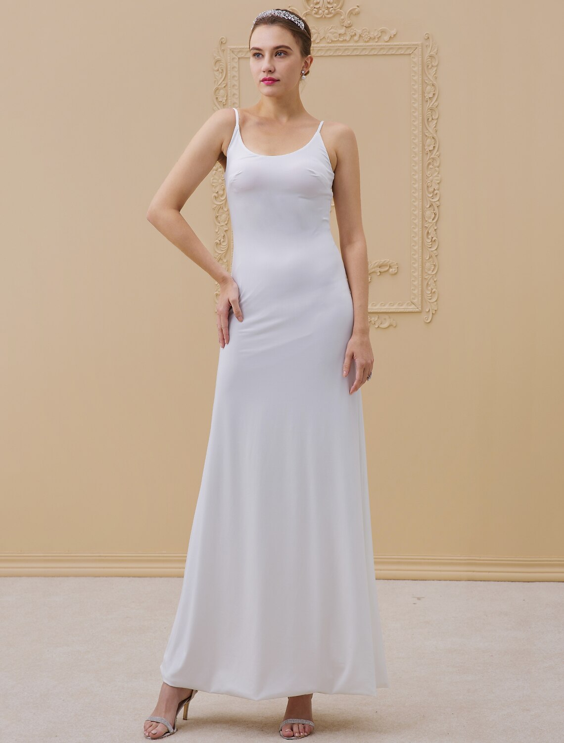 Sheath / Column Illusion Neck Sweep / Brush Train Stretch Satin / Sheer Lace Made-To-Measure Wedding Dresses with Appliques / Yes / See-Through