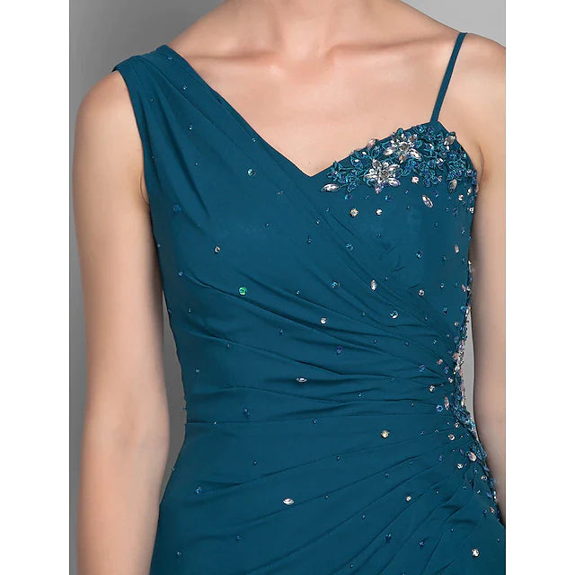 Sheath / Column Mother of the Bride Dress Furcal One Shoulder Floor Length Chiffon Sleeveless with Beading