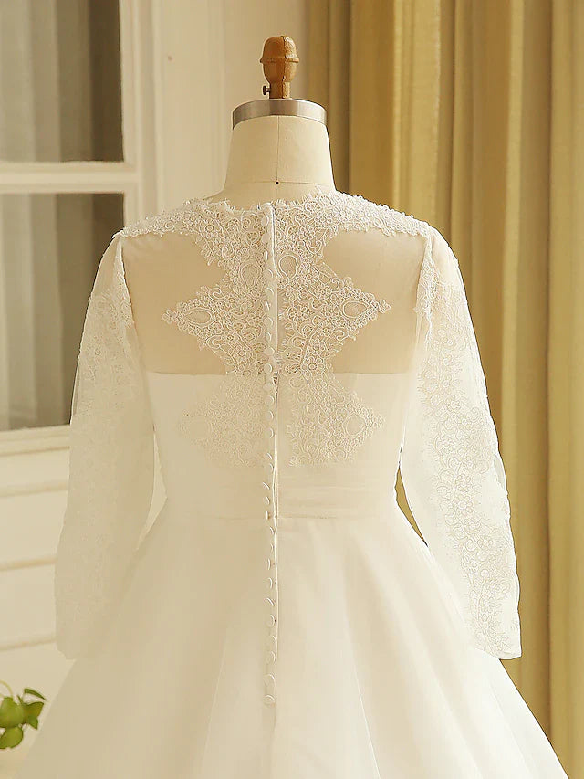 Dingji Hall Sparkle & Shine Wedding Dresses Court Train A-Line Long Sleeve Illusion Neck Satin With Buttons Ruched