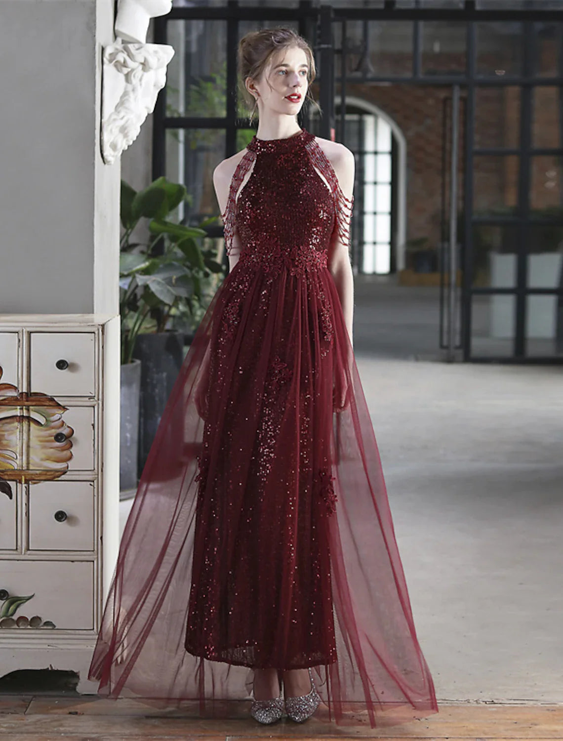 DingjiA-Line Prom Dresses Sparkle & Shine Dress Party Wear Floor Length Short Sleeve High Neck Polyester with Sequin Appliques