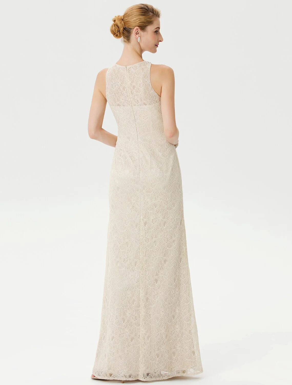 Sheath / Column Mother of the Bride Dress Elegant See Through Illusion Neck Floor Length Lace Sleeveless with Crystals Beading