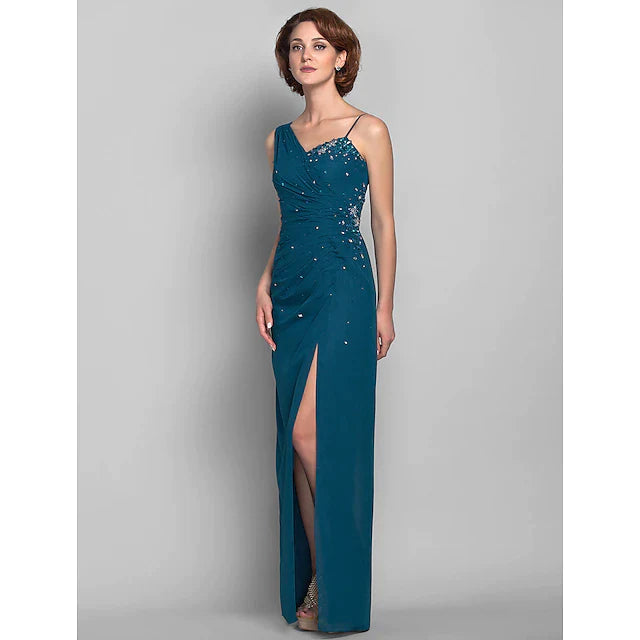 Sheath / Column Mother of the Bride Dress Furcal One Shoulder Floor Length Chiffon Sleeveless with Beading