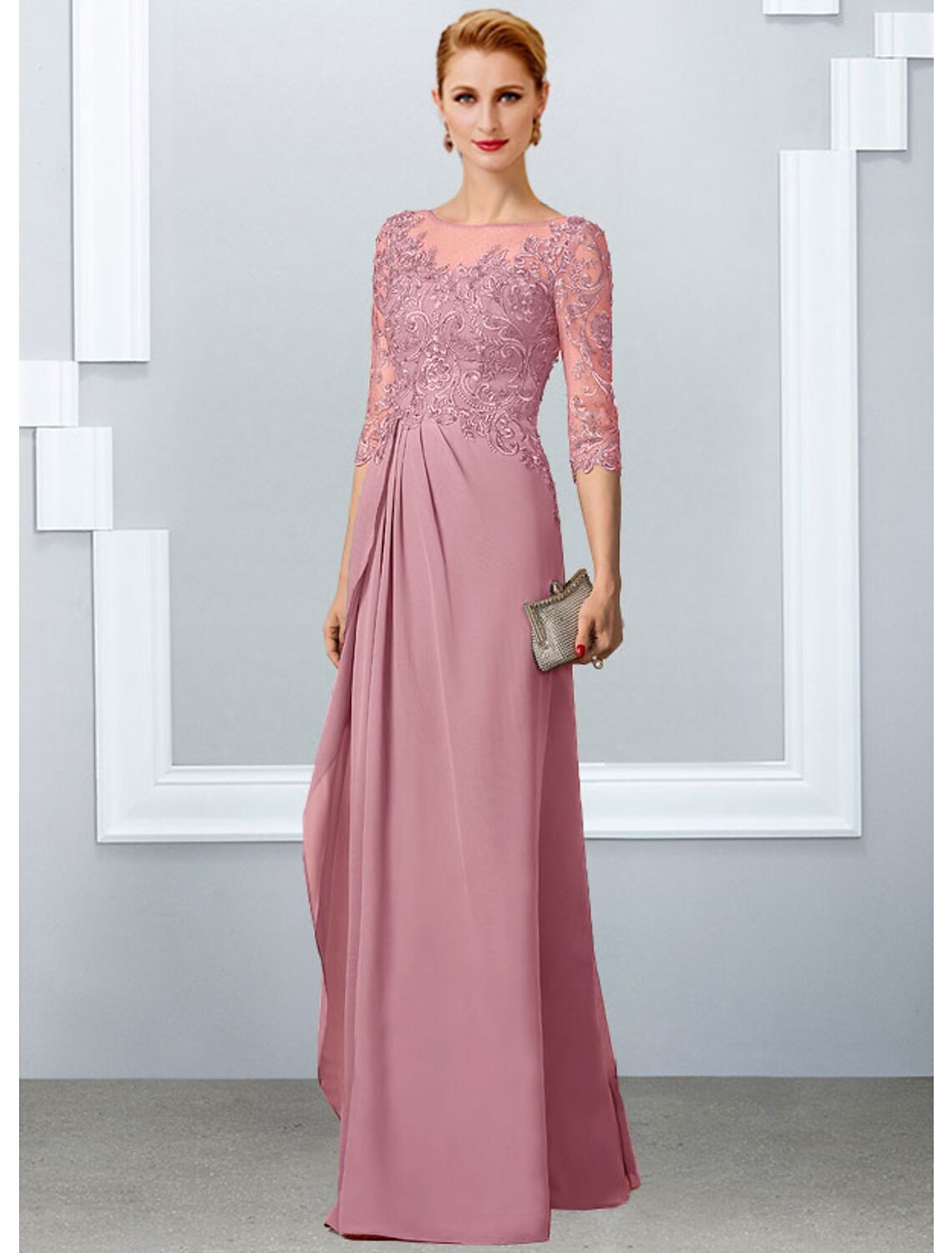 A-Line Mother of the Bride Dress Elegant Jewel Neck Floor Length Chiffon Lace Half Sleeve with Appliques