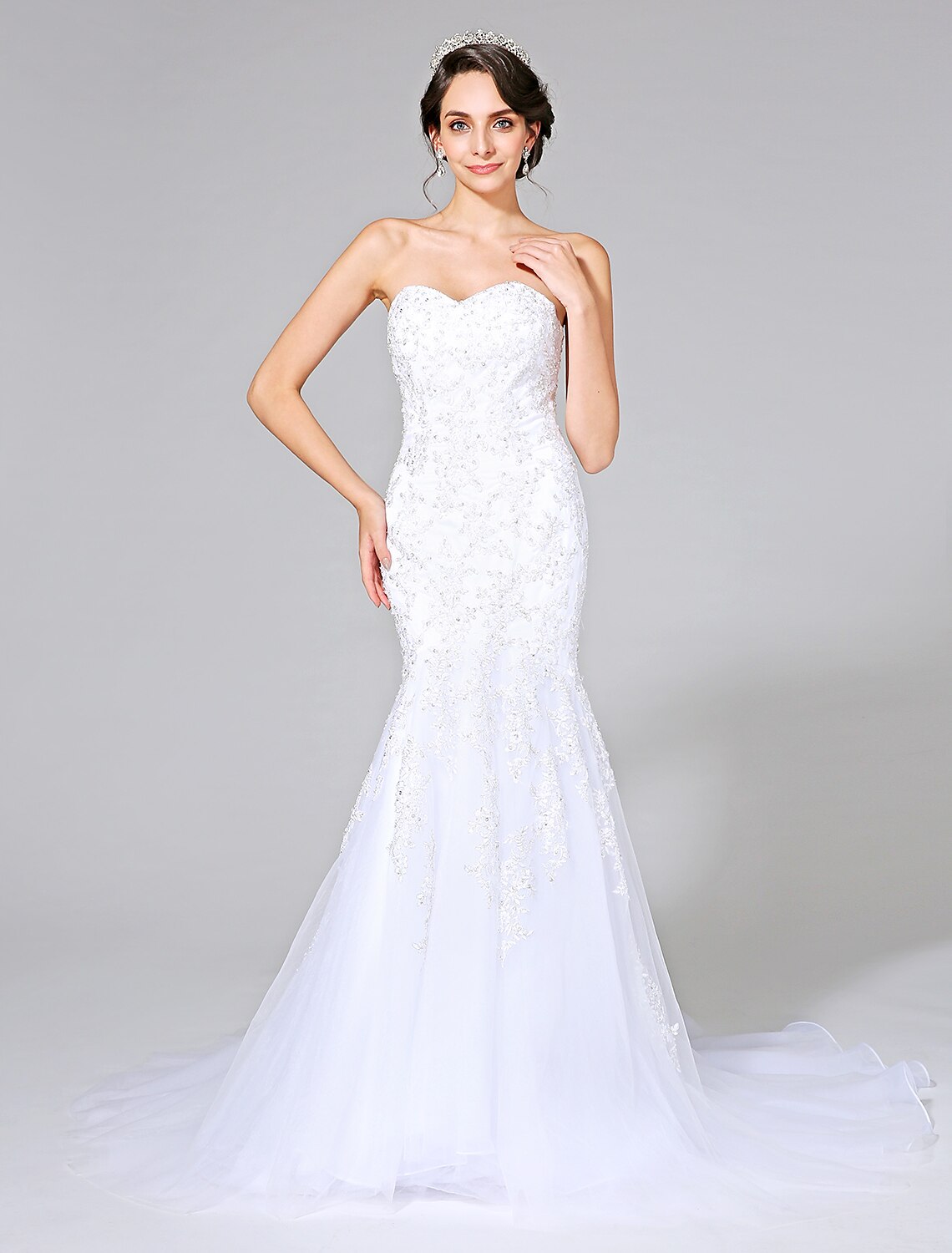 Wedding Dresses Mermaid / Trumpet Sweetheart Sleeveless Sweep / Brush Train Tulle Bridal Gowns With Crystal Beading