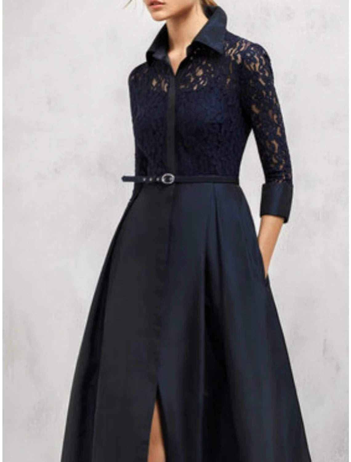 A-Line Mother of the Bride Dress Wedding Guest Elegant Vintage Shirt Collar Floor Length Satin Lace 3/4 Length Sleeve with Sash / Ribbon Split Front