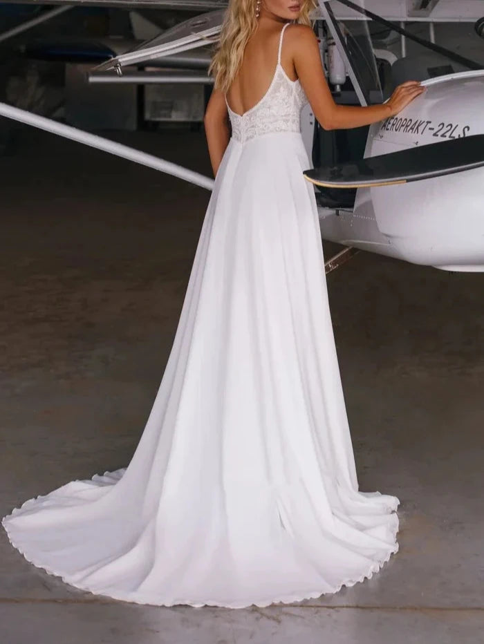 A-Line V Neck Chiffon Sweep Train Wedding Dress