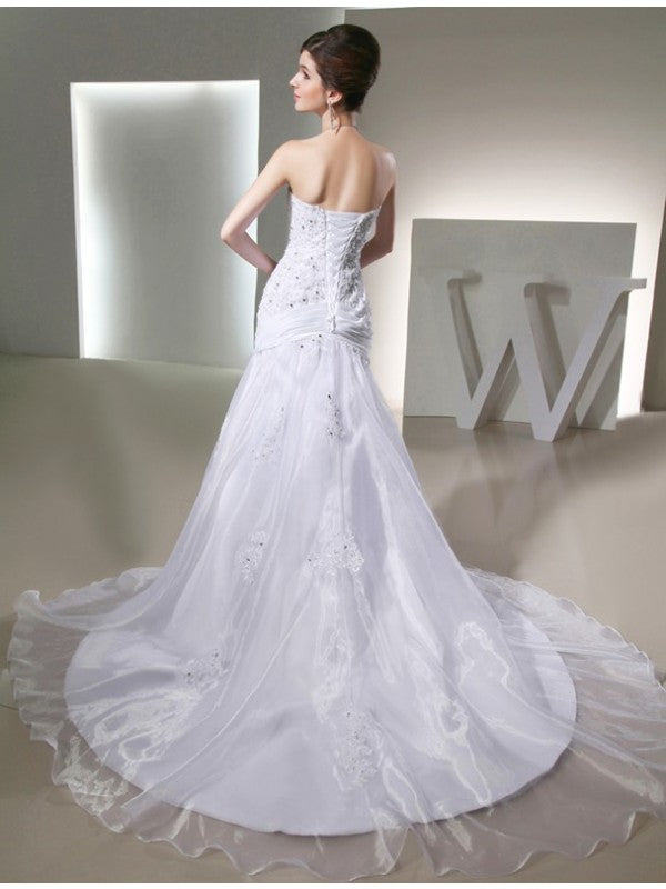 Trumpet/Mermaid Beading Long Strapless Sleeveless Organza Wedding Dresses