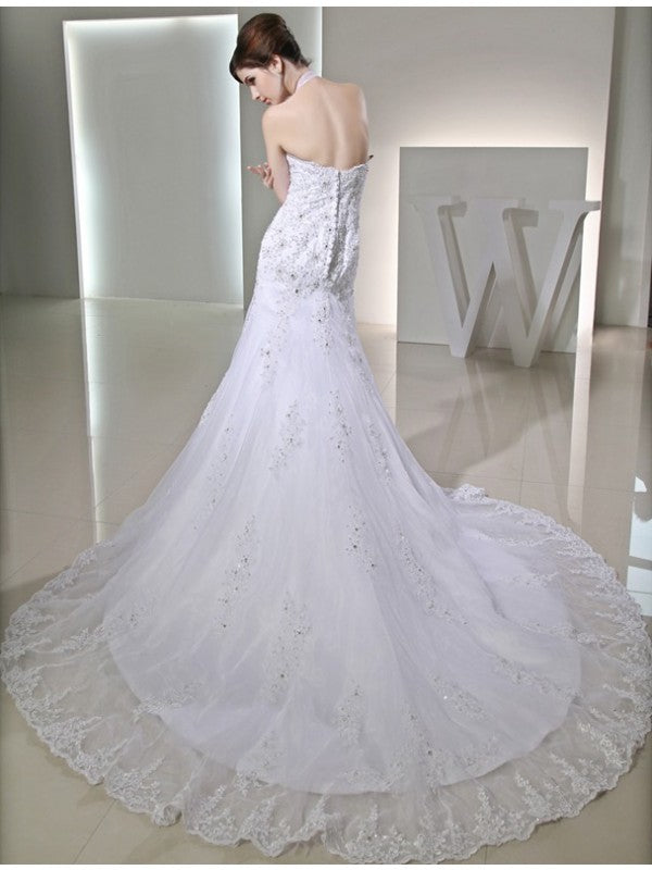 Trumpet/Mermaid Beading Halter Sleeveless Applique Satin Wedding Dresses