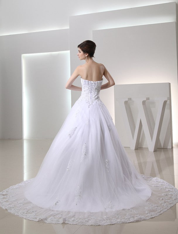 Ball Gown Beading Sleeveless Strapless Satin Applique Wedding Dresses