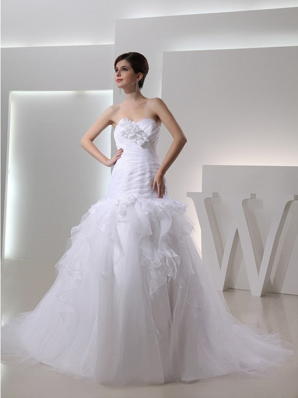 Trumpet/Mermaid Sweetheart Sleeveless Hand-made Flower Organza Wedding Dresses