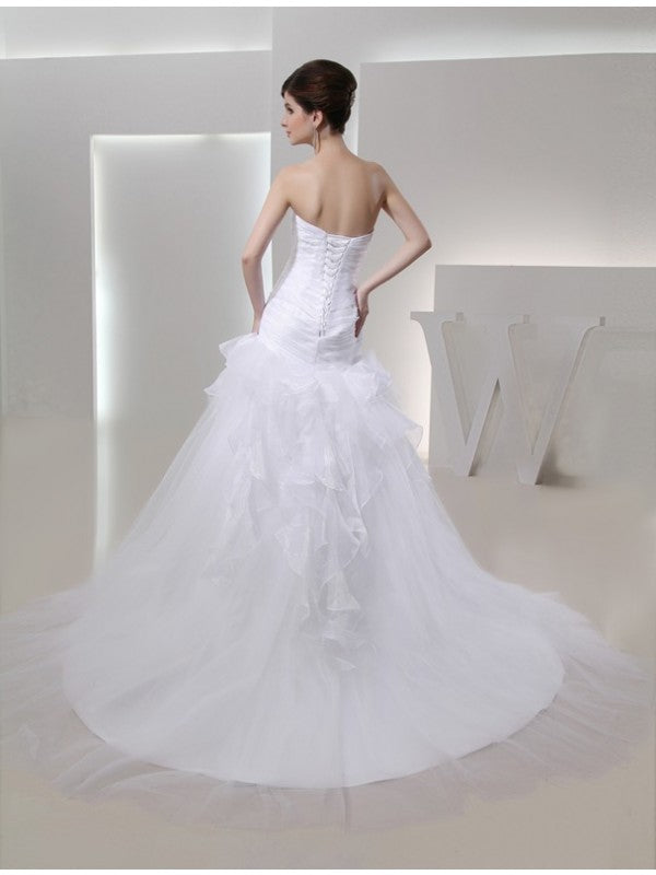 Trumpet/Mermaid Sweetheart Sleeveless Hand-made Flower Organza Wedding Dresses