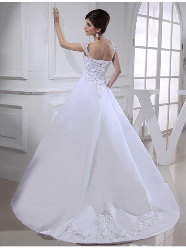 Ball Gown Beading Sleeveless Straps Long Satin Wedding Dresses