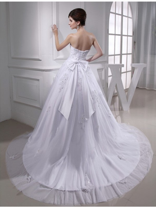 Ball Gown Beading Strapless Sleeveless Applique Satin Tulle Wedding Dresses