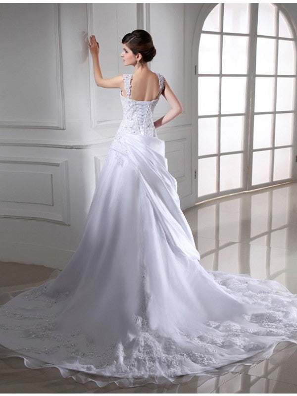 Ball Gown Beading Sleeveless Long Satin Organza Wedding Dresses