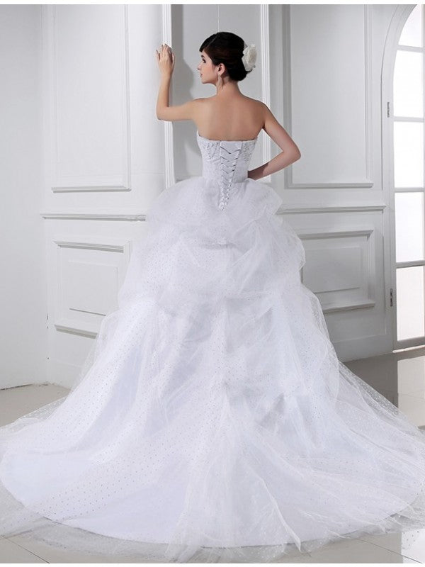 Ball Gown Beading Sweetheart Sleeveless Applique Satin Tulle Wedding Dresses