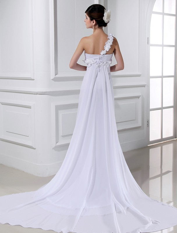 A-Line/Princess One-shoulder Beading Hand-made Flower Sleeveless Chiffon Wedding Dresses