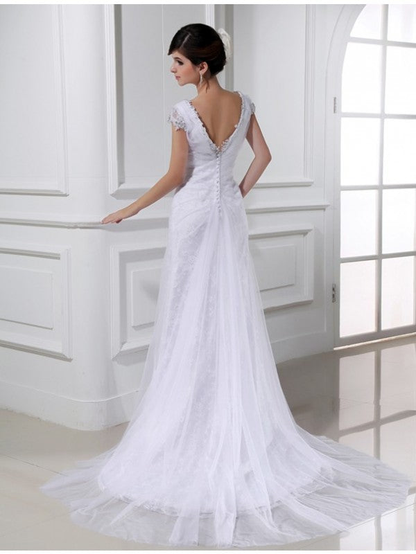 A-Line/Princess Beading V-neck Long Sleeveless Tulle Wedding Dresses