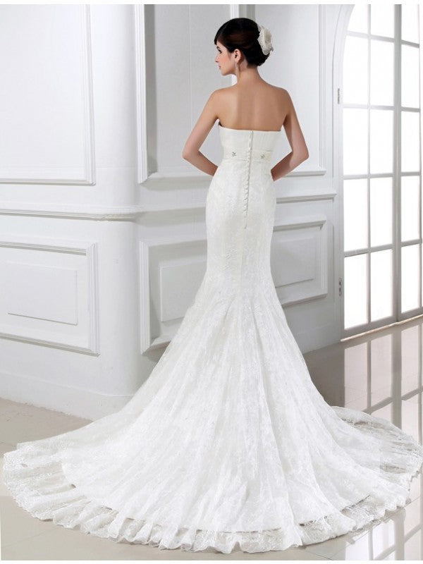 Trumpet/Mermaid Beading Strapless Sleeveless Lace Tulle Wedding Dresses