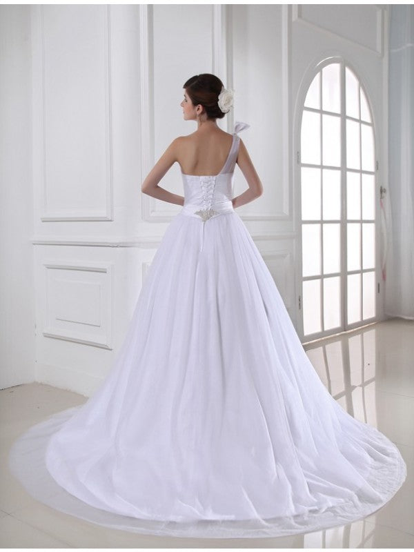 Ball Gown Beading One-shoulder Sleeveless Satin Tulle Wedding Dresses