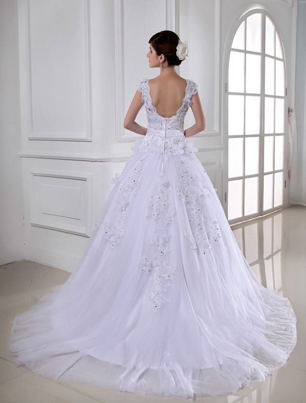 Ball Gown Beading Long Satin Tulle Strapless Sleeveless Wedding Dresses