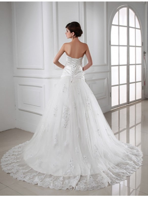 A-Line/Princess Beading Applique Sweetheart Sleeveless Satin Tulle Wedding Dresses