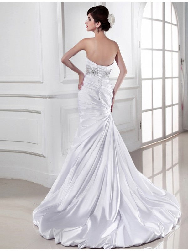 Trumpet/Mermaid Beading Sweetheart Sleeveless Elastic Woven Satin Wedding Dresses
