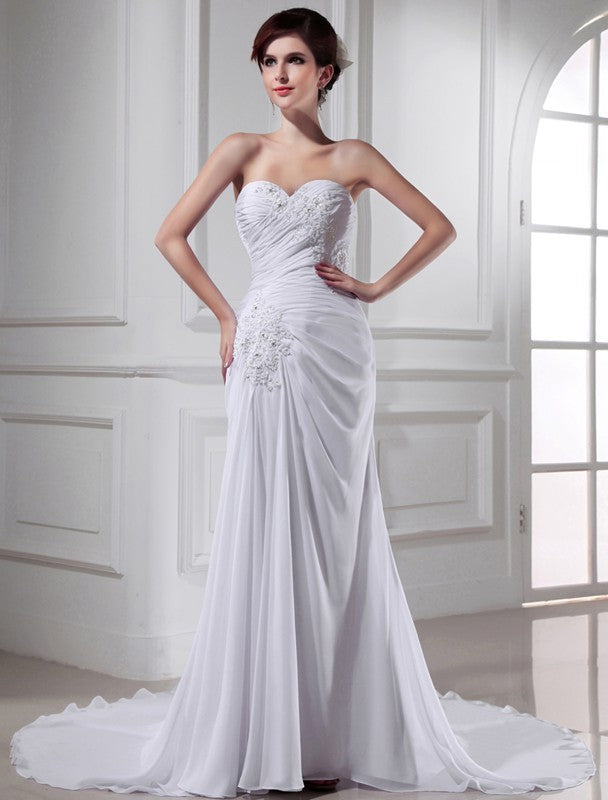 Trumpet/Mermaid Beading Sweetheart Sleeveless Chiffon Long Wedding Dresses