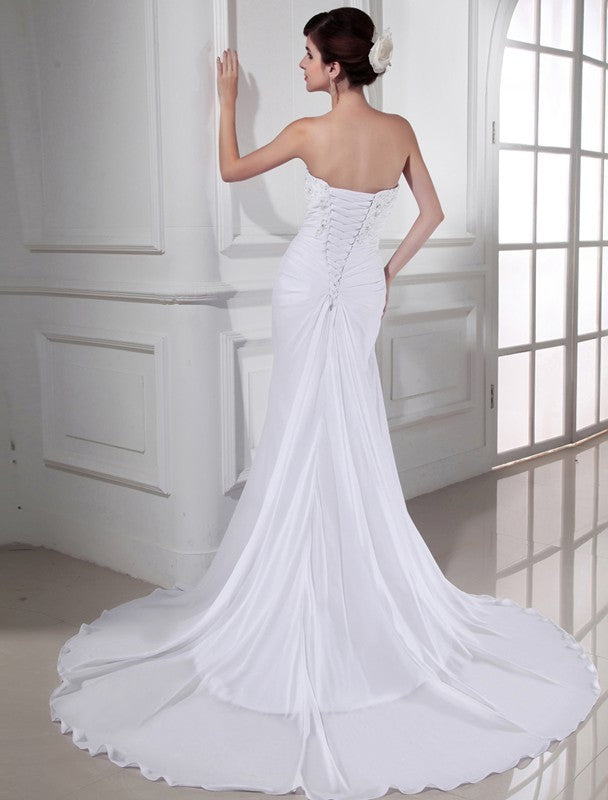 Trumpet/Mermaid Beading Sweetheart Sleeveless Chiffon Long Wedding Dresses
