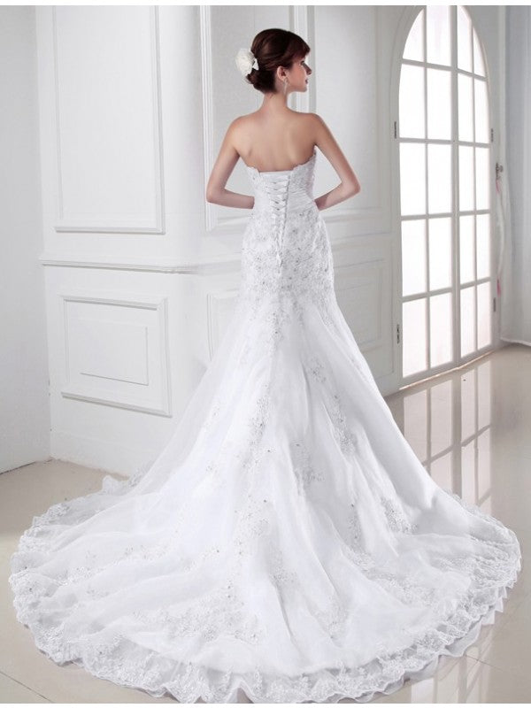 Trumpet/Mermaid Beading Sweetheart Sleeveless Applique Organza Wedding Dresses