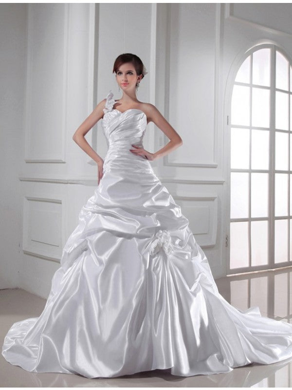 A-Line/Princess One-shoulder Sweetheart Sleeveless Long Pleats Elastic Woven Satin Wedding Dresses
