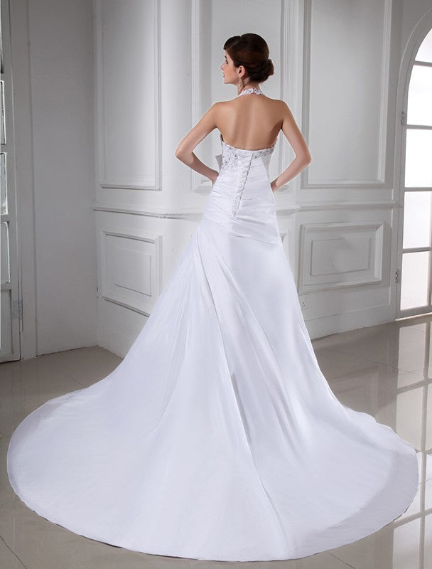 A-Line/Princess Beading Halter Sleeveless Long Taffeta Wedding Dresses