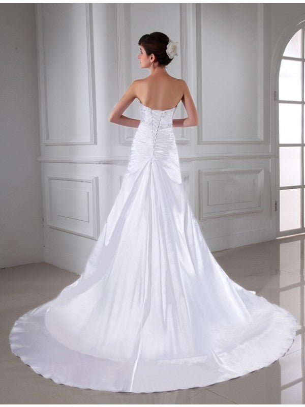 A-Line/Princess Beading Applique Sleeveless Elastic Woven Satin Wedding Dresses