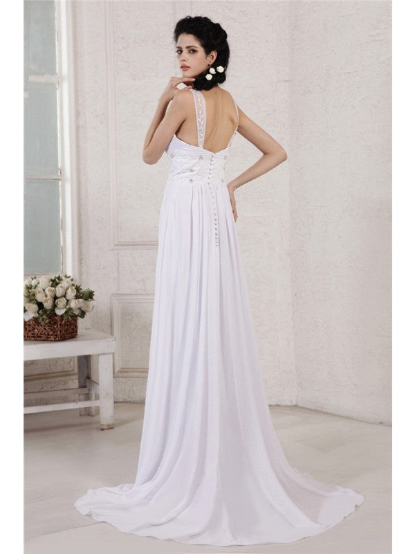 Sheath/Column Spaghetti Strap Pleats Ruched Beading Applique Long Chiffon Wedding Dresses